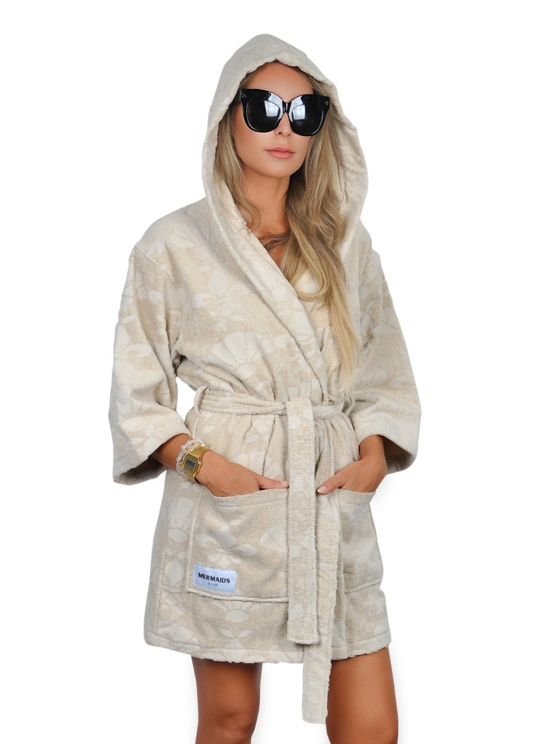 Luxury beige beach robe after swim Dubai pool — Mermaids Club