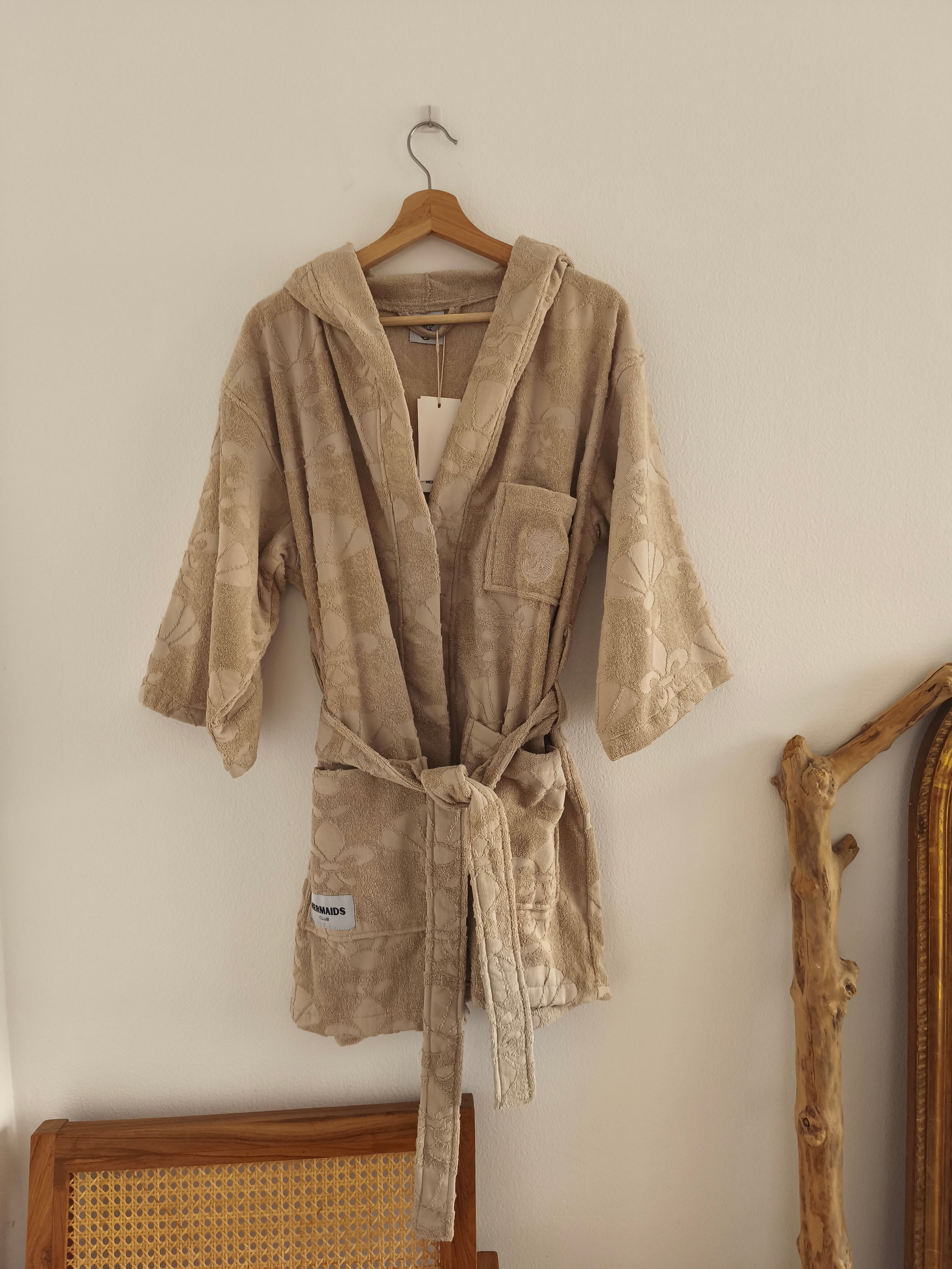 Beige hooded beach robe front view 100% cotton UAE — Mermaids Club