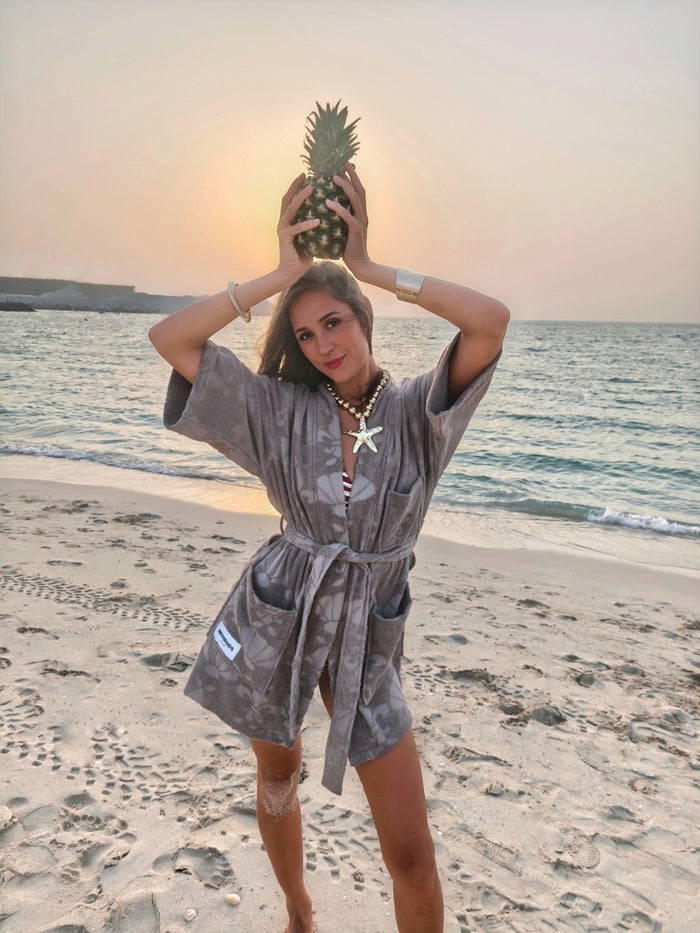 Coco Beach brown V-neck beach robe at the beach Dubai — Mermaids Club