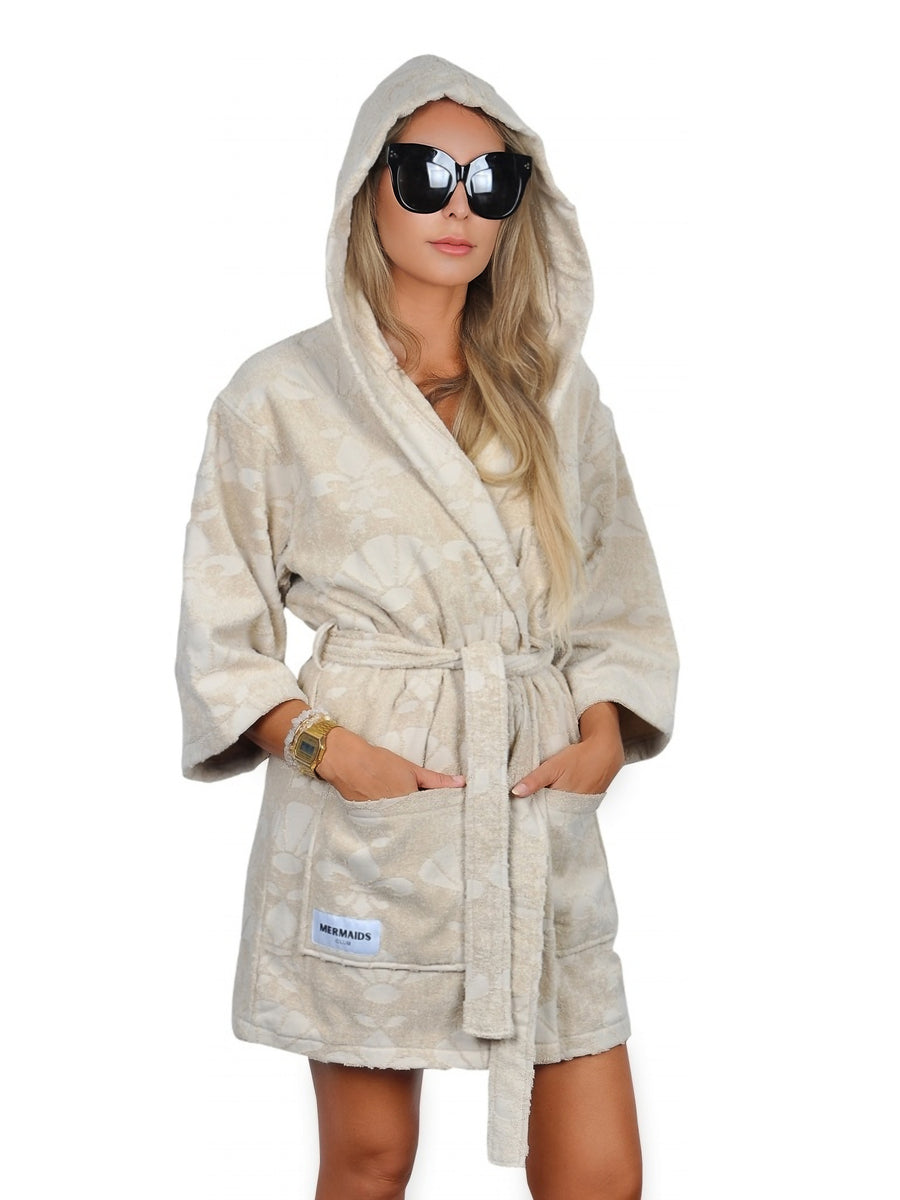 Luxury beige beach robe after swim Dubai pool — Mermaids Club