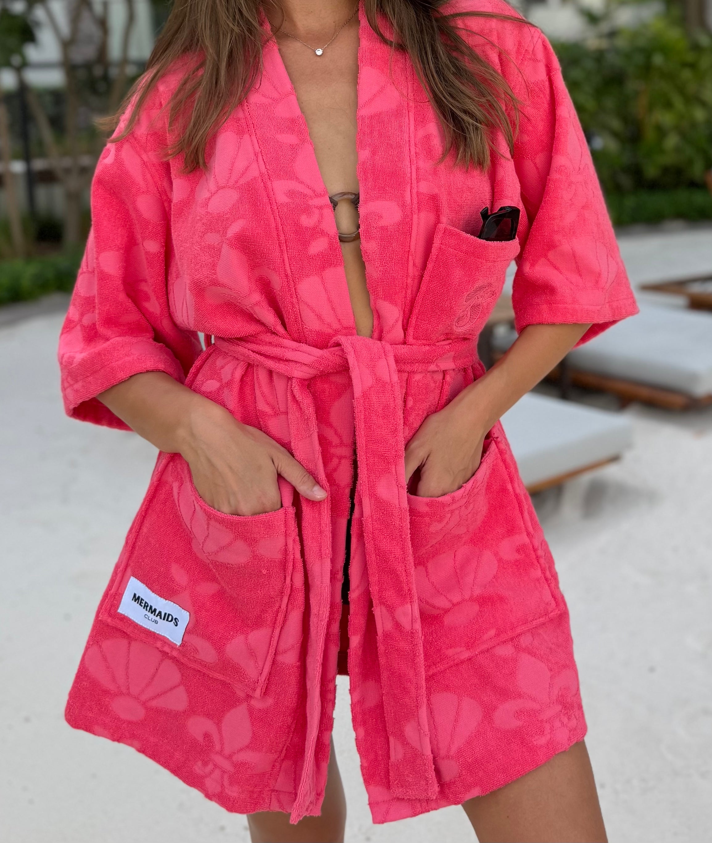 Vibrant red cotton robe women beach club JBR UAE — Mermaids Club